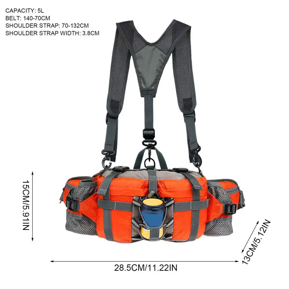 An orange and gray hydration backpack with shoulder straps and a belt, shown on a white background with dimension lines and text indicating measurements and 5L capacity.