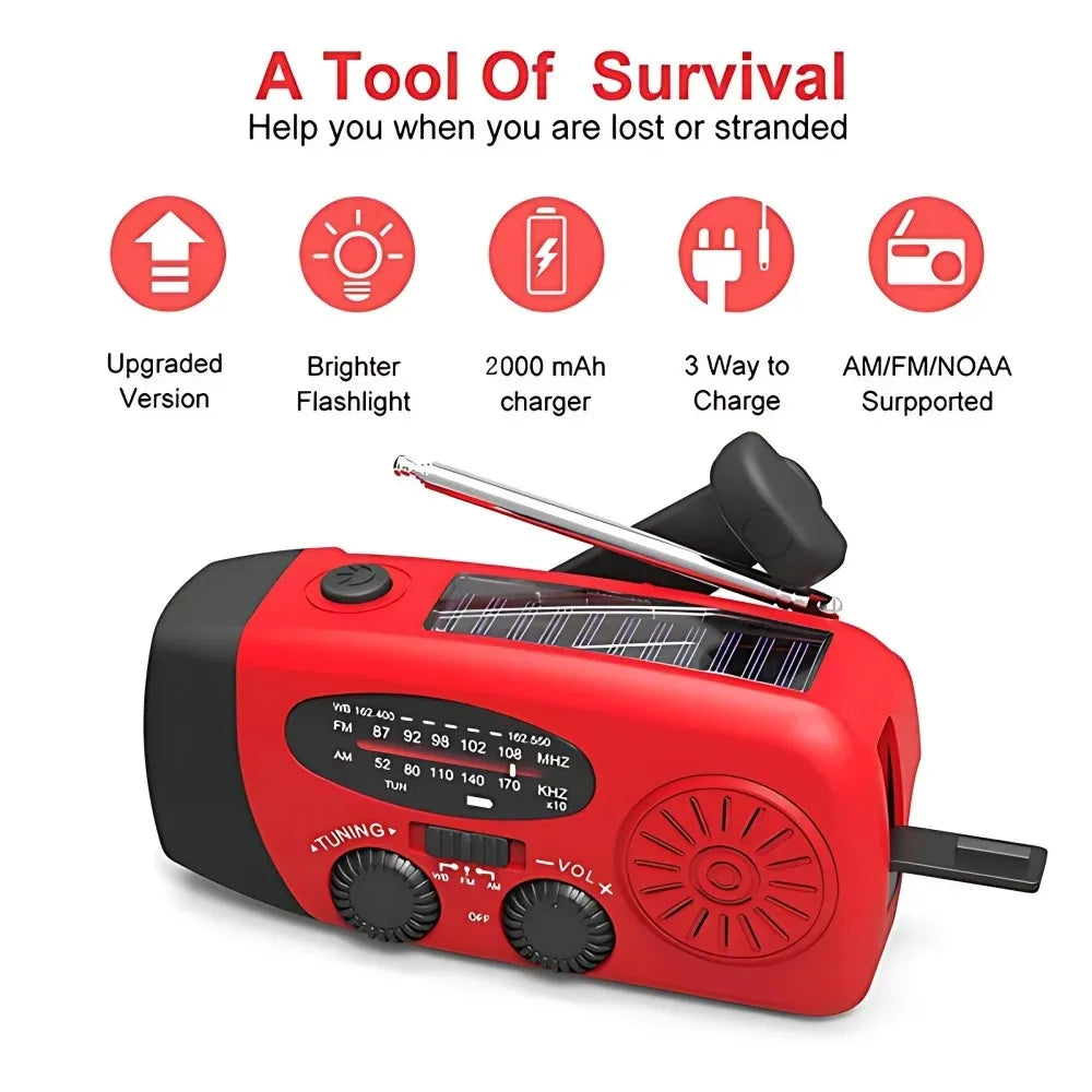 Red portable radio with solar panel and charging features on a white background