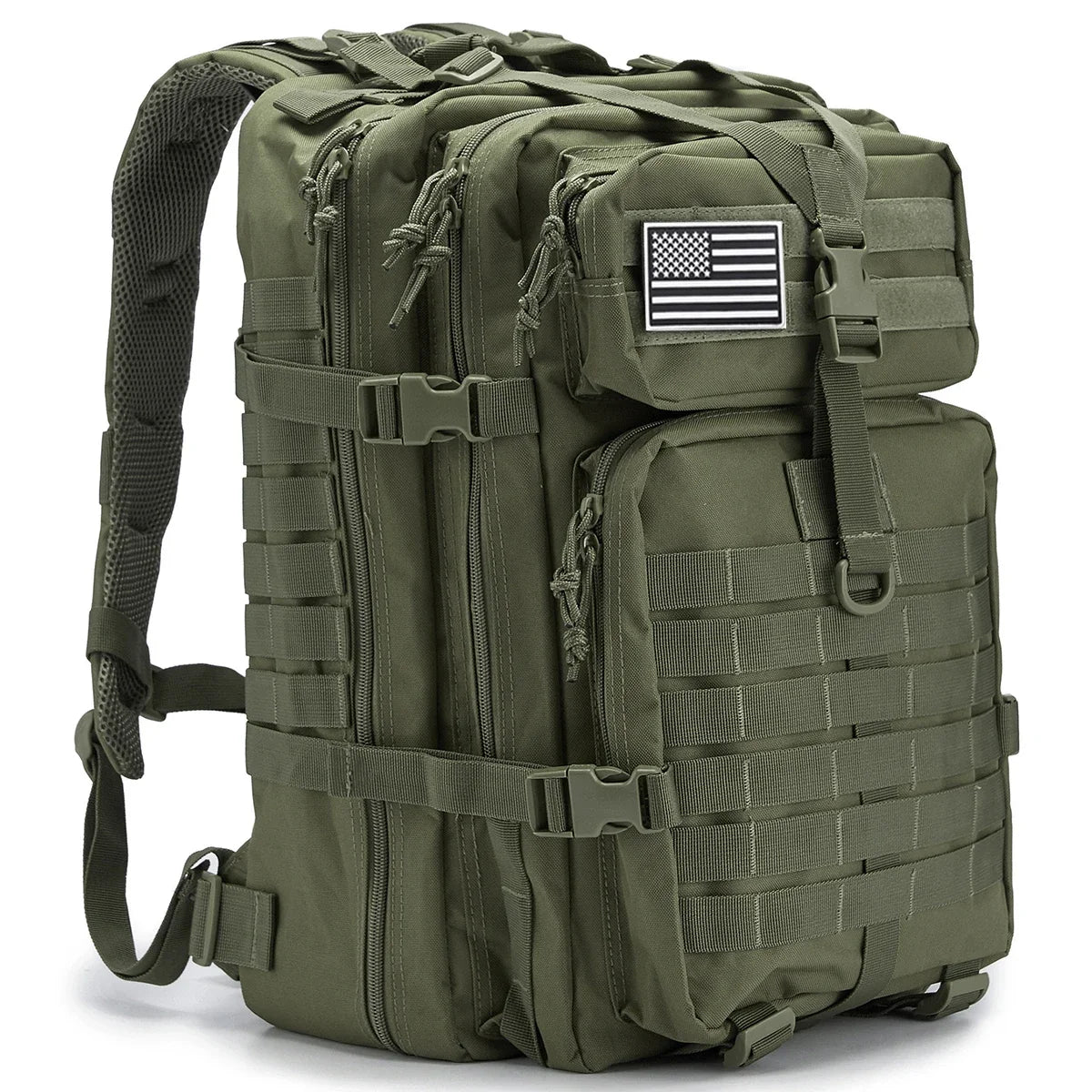 Green tactical backpack with American flag patch on a white background