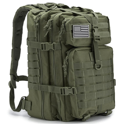 Green tactical backpack with American flag patch on a white background