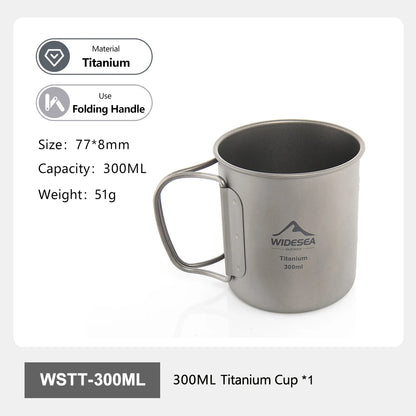 A 300ML titanium camping cup with a folding handle, shown on a white background with product specifications and features listed on the left. The cup is made of titanium and features the WIDESEA brand logo printed on the side.