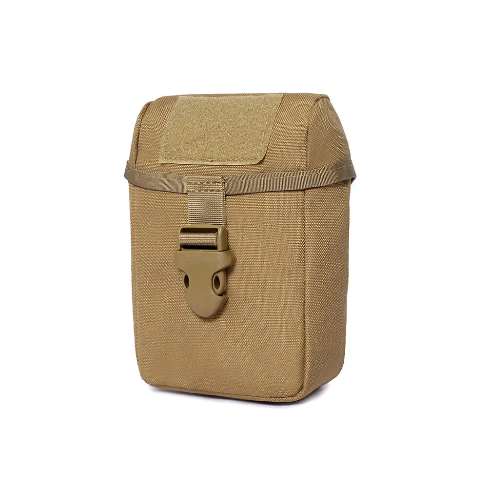 Tan tactical pouch with a buckle on a white background