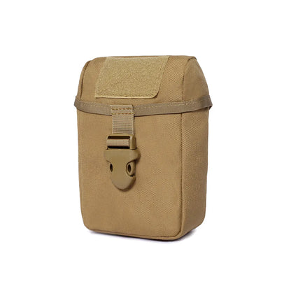 Tan tactical pouch with a buckle on a white background