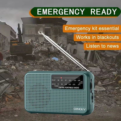 Portable radio with emergency features on a background of destruction