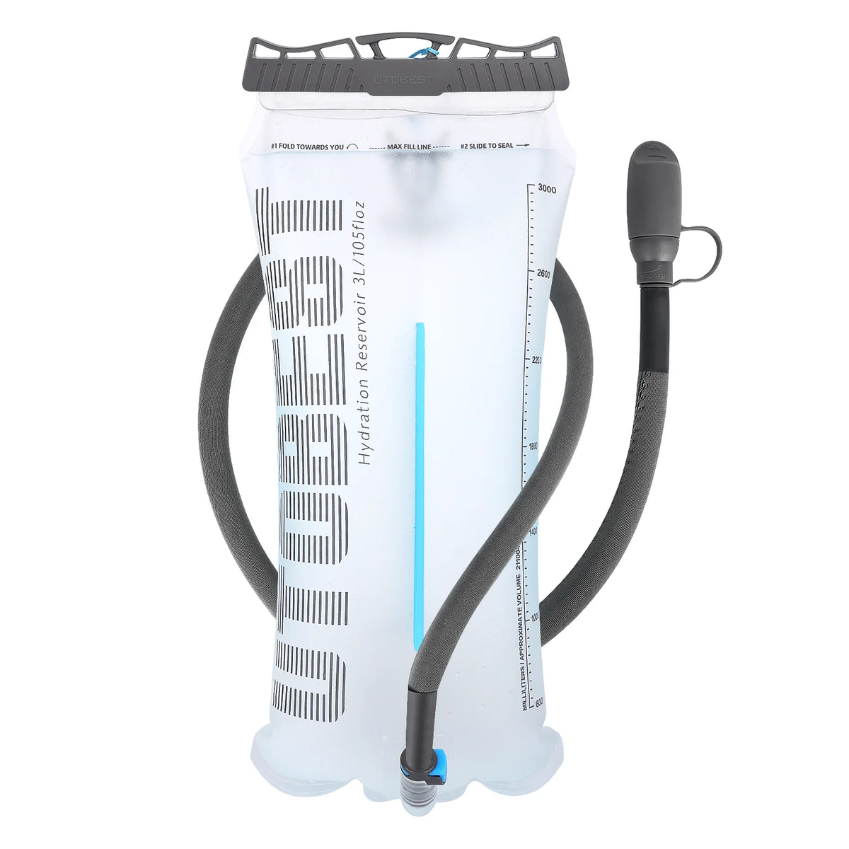 Hydration reservoir with black valve and hose on a white background