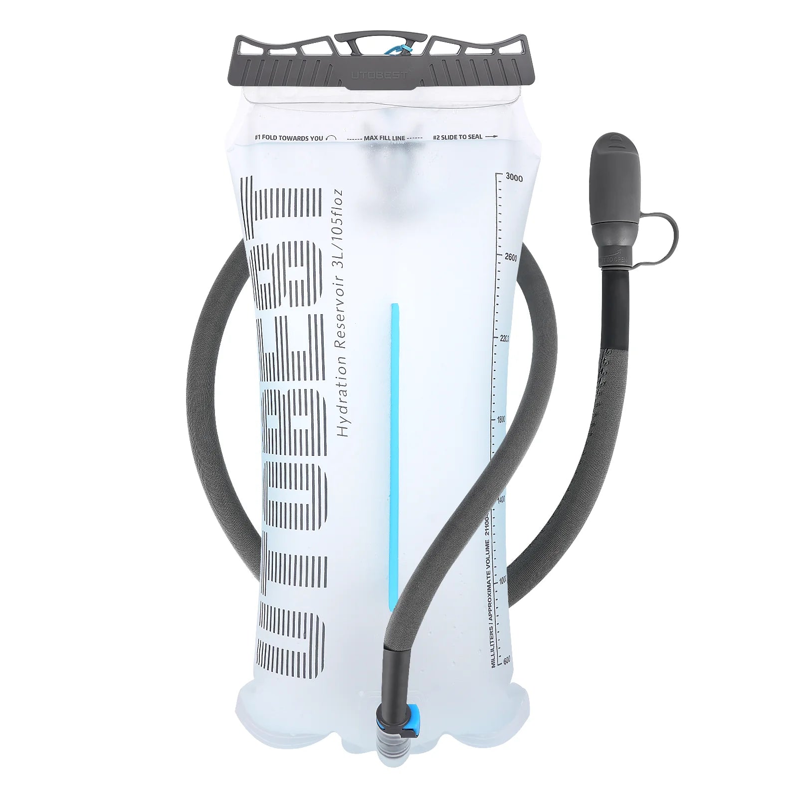 Hydration reservoir with black valve and hose on a white background