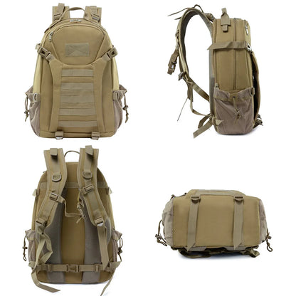 Tan tactical backpack shown from multiple angles on a white background