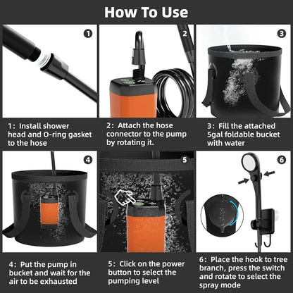 A 7-step 'How To Use' instructional graphic for a handheld shower pump bucket kit. The graphic features numbered panels showing how to install the shower head and O-ring gasket, attach the hose to the pump, fill a 5gal bucket with water, put the pump in the bucket, click the power button, and place the hook on a tree branch.