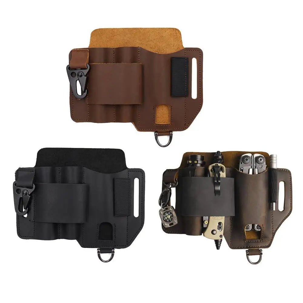 Brown and black tool pouches with tools on a white background