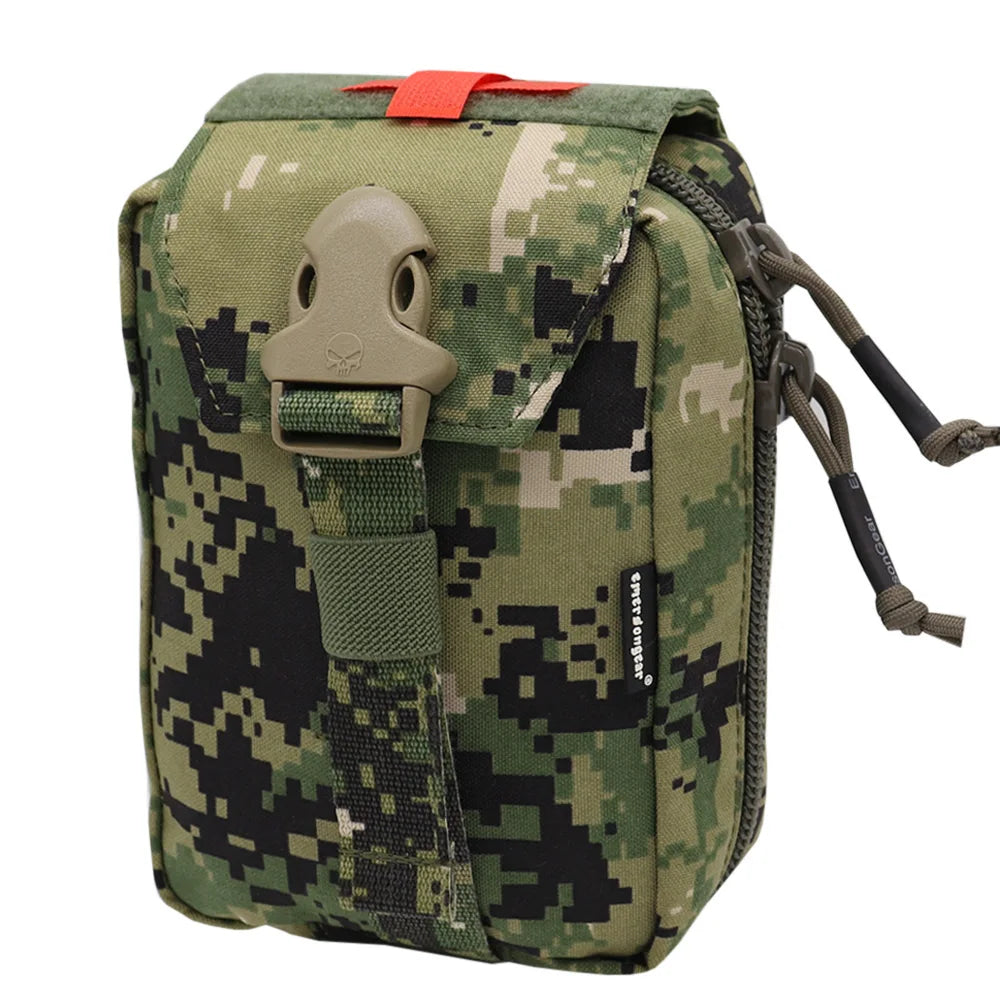 A digital camouflage utility pouch with a front flap, tan plastic buckle, and a small red loop at the top, shown on a plain white background.