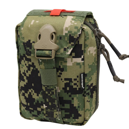 A digital camouflage utility pouch with a front flap, tan plastic buckle, and a small red loop at the top, shown on a plain white background.