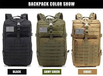 Three backpacks in black, army green, and khaki with American flag patches on a white background.