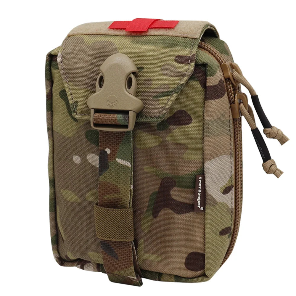 A tactical utility pouch in a Multicam camouflage pattern, featuring a tan plastic buckle, a red hook-and-loop patch on the flap, and a side zipper with cord pulls, shown against a plain white background.
