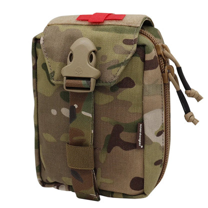 A tactical utility pouch in a Multicam camouflage pattern, featuring a tan plastic buckle, a red hook-and-loop patch on the flap, and a side zipper with cord pulls, shown against a plain white background.