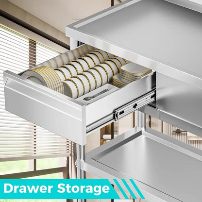 Open drawer with neatly arranged plates in a kitchen setting, labeled 'Drawer Storage'.