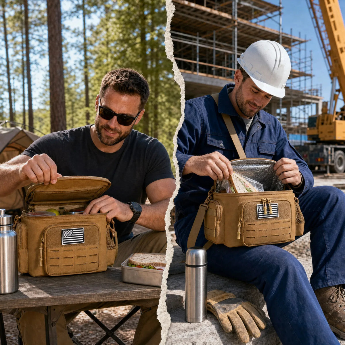 A split-screen lifestyle image showing a tan tactical-style lunch bag being used outdoors. On the left, a man in a forest sits at a picnic table opening the bag.