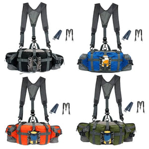 Four outdoor backpacking shoulder bags shown in different color options (black, blue, orange, and green) with matching straps and accessories on a plain white background.