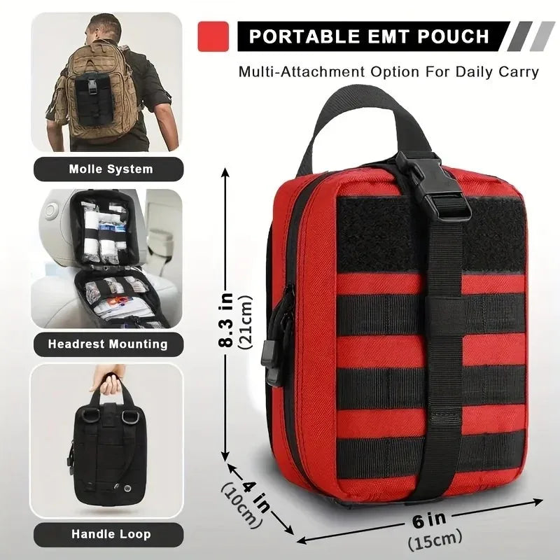 Red and black portable EMT pouch with features and dimensions on a white background