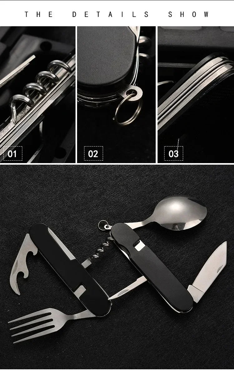 Multifunctional knife with fork, spoon, and bottle opener on a black background