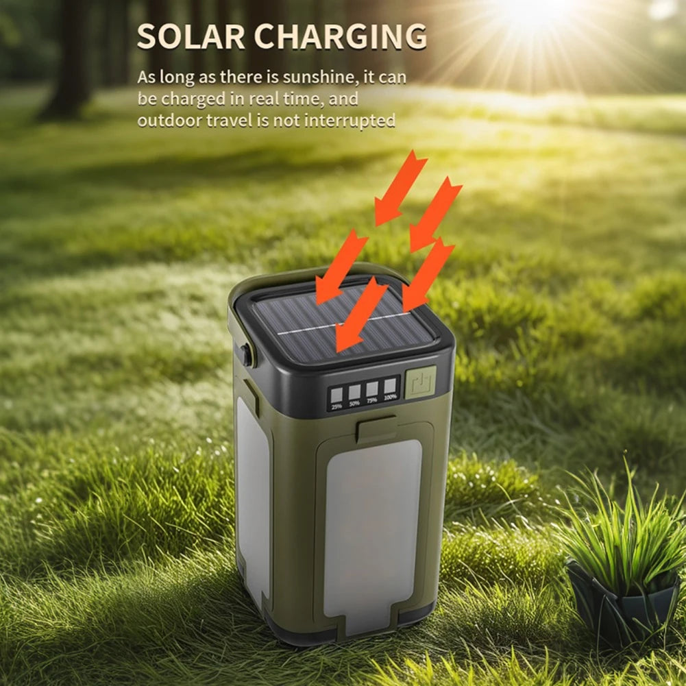 Solar charging device on grass with text about solar power