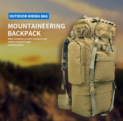 Beige mountaineering backpack with text about its features on a blurred outdoor background