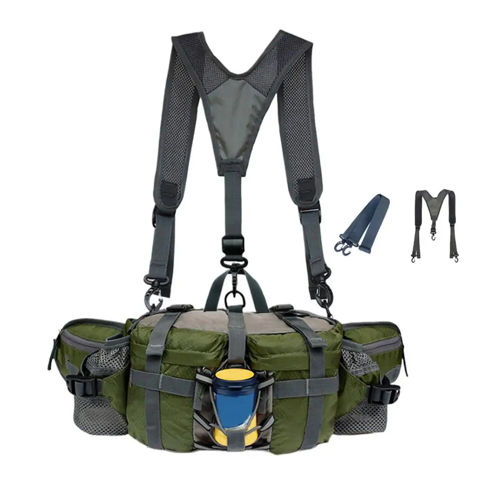 An olive green and gray fishing waist bag with a black mesh shoulder harness, shown on a white background with two smaller inset views of the harness on the right.