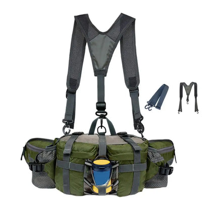 An olive green and gray fishing waist bag with a black mesh shoulder harness, shown on a white background with two smaller inset views of the harness on the right.