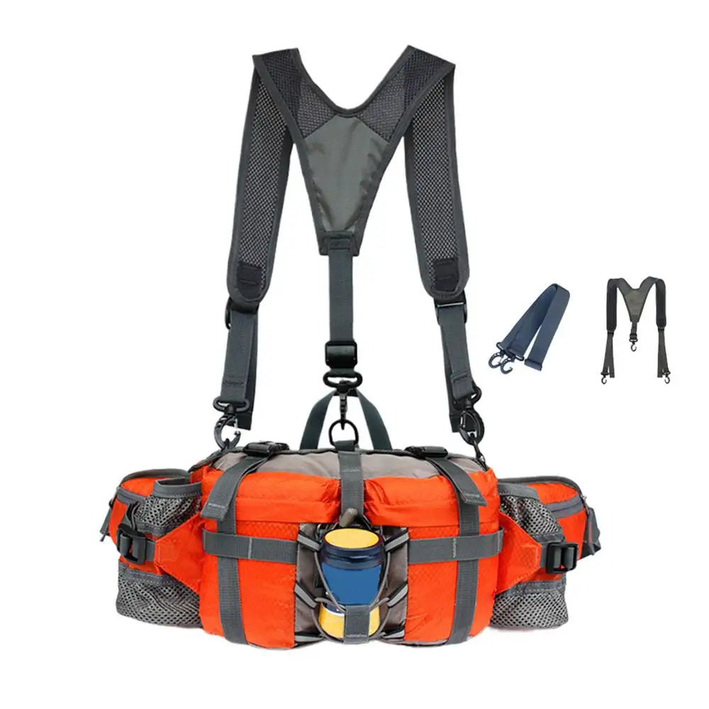 An orange and gray backpacking hydration belt bag with adjustable shoulder straps and side mesh pockets, shown on a white background with two smaller accessory strap views to the right.