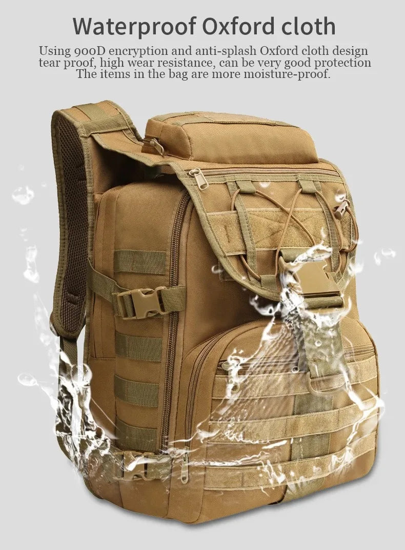 Tan backpack with waterproof Oxford cloth feature on a light gray background