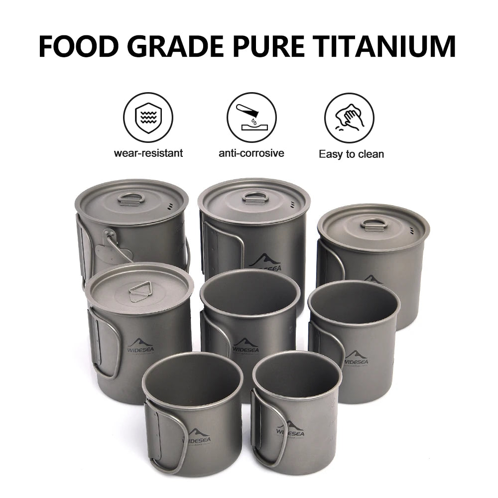 A set of titanium camping cookware, including mugs and cups with lids, arranged on a white background. Above the products, text reads 'FOOD GRADE PURE TITANIUM' with three icons indicating wear-resistant, anti-corrosive, and easy-to-clean properties.