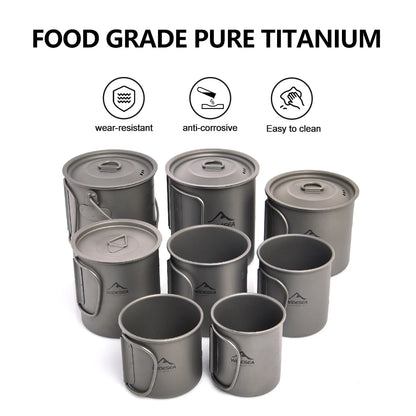 A set of titanium camping cookware, including mugs and cups with lids, arranged on a white background. Above the products, text reads 'FOOD GRADE PURE TITANIUM' with three icons indicating wear-resistant, anti-corrosive, and easy-to-clean properties.
