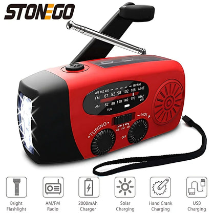 Red and black STON GO portable emergency radio with a folding antenna, built-in flashlight, speaker grille, tuning dials, and a wrist strap, shown on a white background with feature icons below.