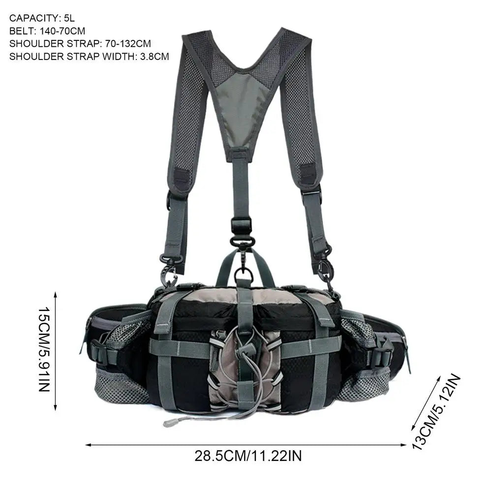 Black and gray tactical belt bag with shoulder straps, shown on a white background with dimension lines and text indicating measurements and 5L capacity.