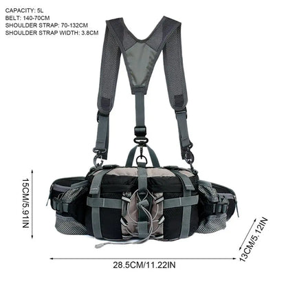 Black and gray tactical belt bag with shoulder straps, shown on a white background with dimension lines and text indicating measurements and 5L capacity.