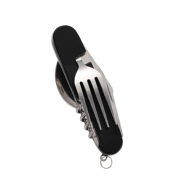 A stainless steel pocket multi-tool featuring a fork-shaped handle, a corkscrew, and a small keyring attachment, shown on a plain white background.