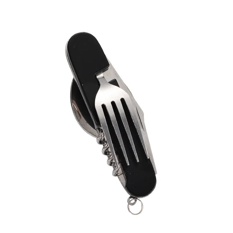 A stainless steel pocket multi-tool featuring a fork-shaped handle, a corkscrew, and a small keyring attachment, shown on a plain white background.