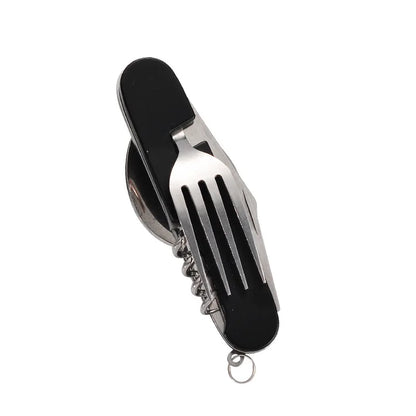A stainless steel pocket multi-tool featuring a fork-shaped handle, a corkscrew, and a small keyring attachment, shown on a plain white background.
