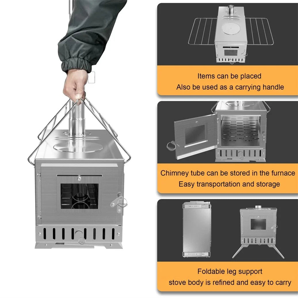 Portable stove with features highlighted on a white background
