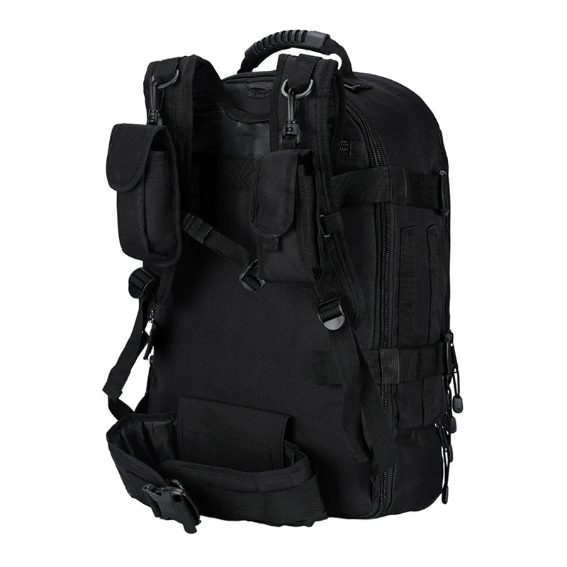 Black tactical backpack on a white background