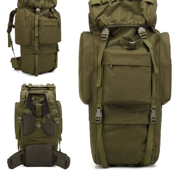 Olive green backpack shown from multiple angles on a white background