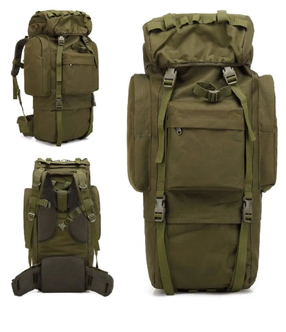 Olive green backpack shown from multiple angles on a white background