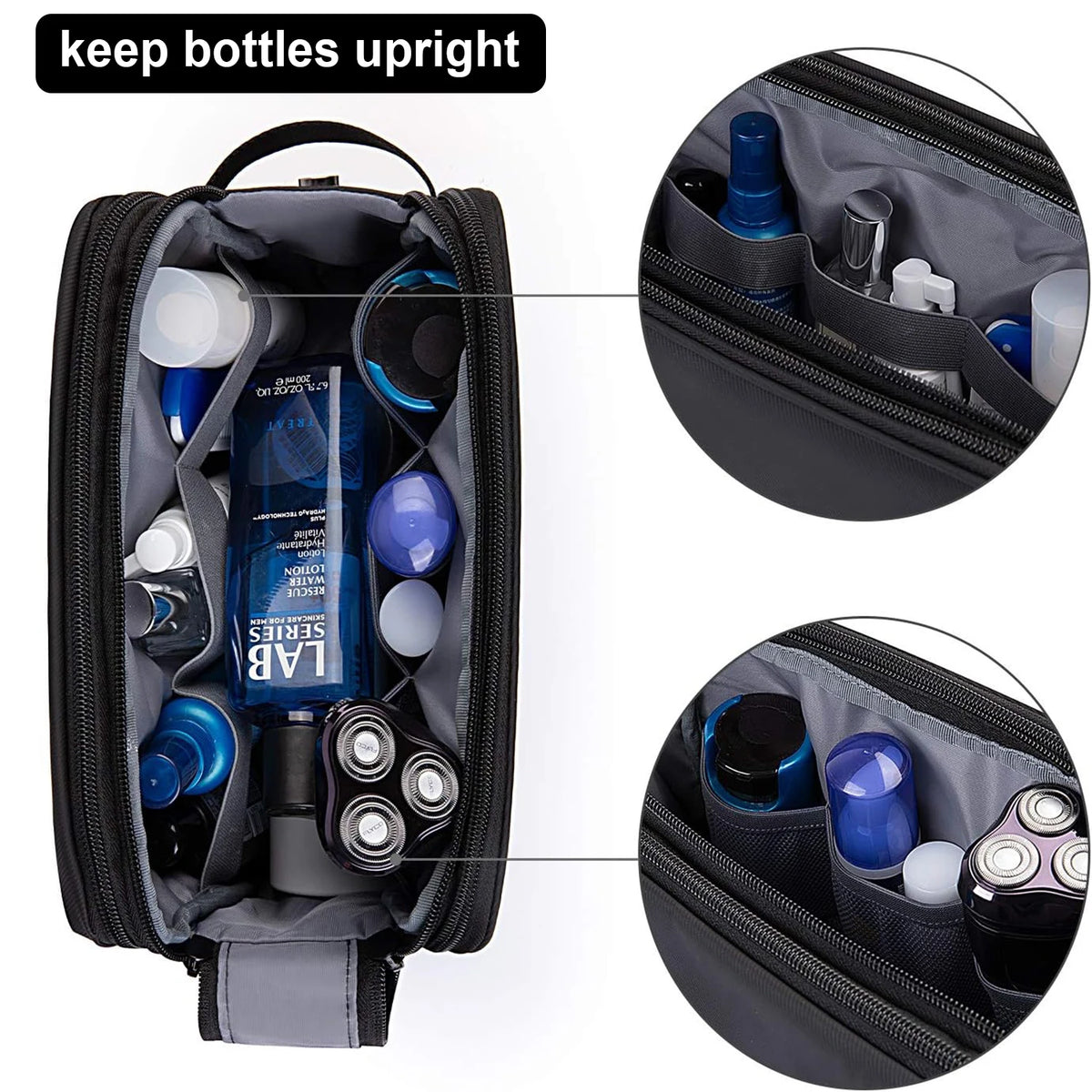 Black toiletry bag with compartments for bottles and grooming items, featuring LABS products.