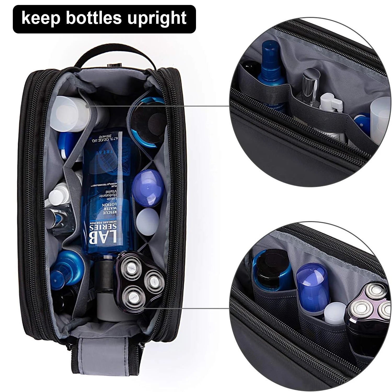 Black toiletry bag with compartments for bottles and grooming items, featuring LABS products.