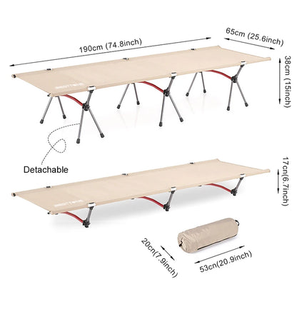 Camping cot with dimensions and detachable mat shown on a white background