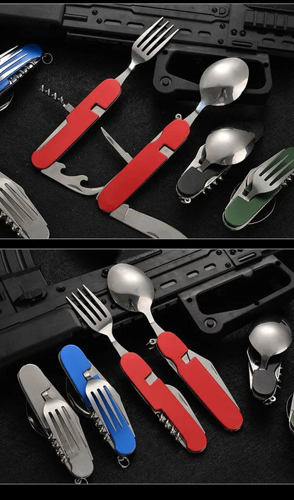 Multifunctional tool with fork, spoon, and knife on a black background