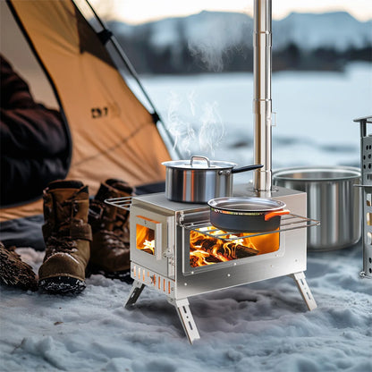 Portable stove with pots on a camping setup by a lake with mountains in the background.