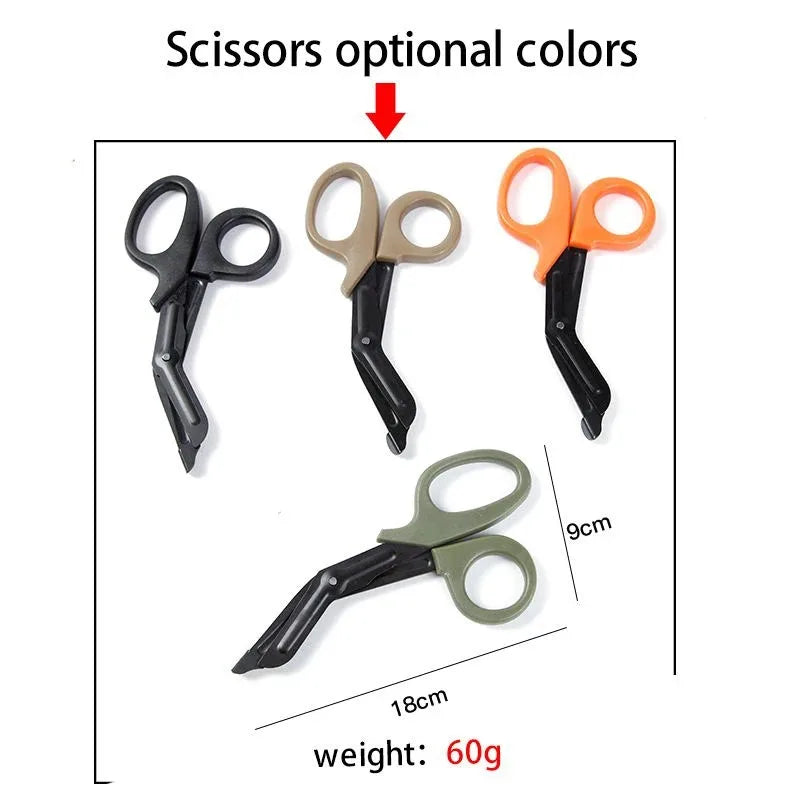 Set of four pairs of scissors in different colors with measurements and weight information on a white background.