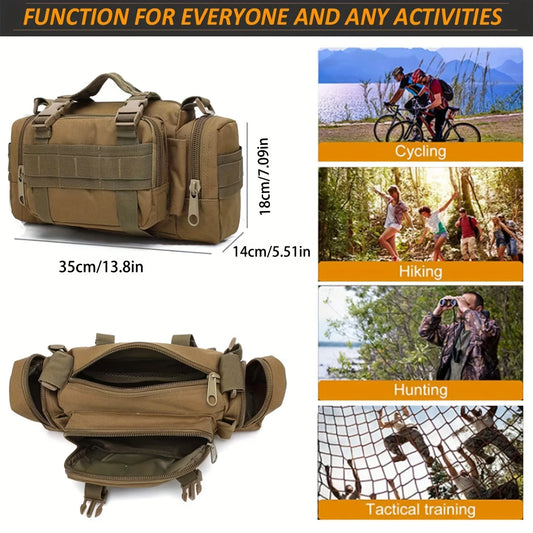 Tactical bag with dimensions and uses for cycling, hiking, hunting, and tactical training.