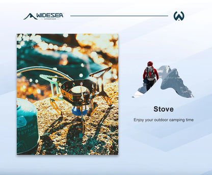 Outdoor camping scene with a stove and person on a mountain, featuring Widesea branding.