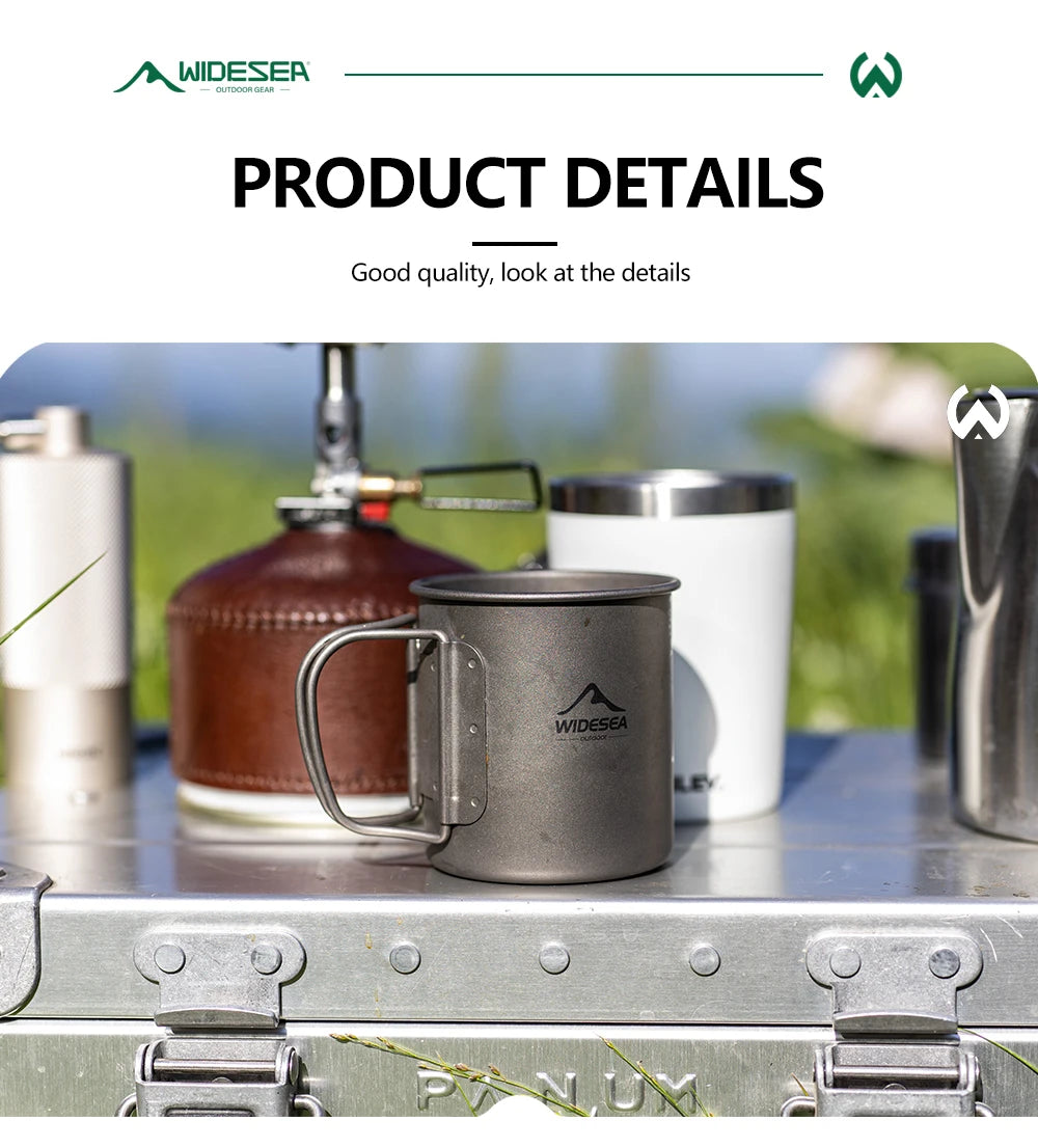 Widesea camping mug in dark gray metal, displayed on a silver aluminum camping table with a gas stove and other camping gear in the background, under a white section labeled 'PRODUCT DETAILS'.